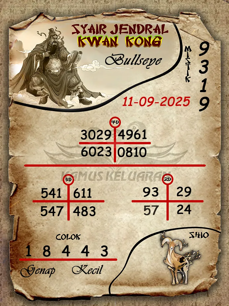syair jendral kwan kong Bullseye 11 09 2025