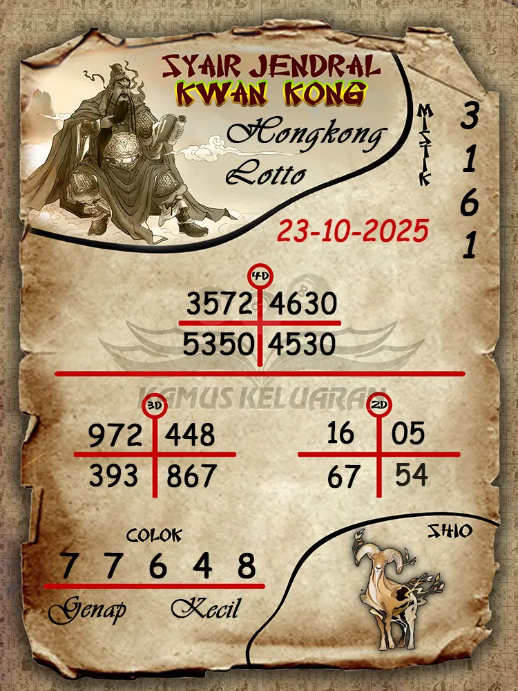 Syair Jendral Kwan Kong Hongkong Lotto 23 10 2025