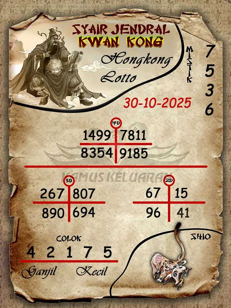 Syair Jendral Kwan Kong Hongkong Lotto 30 10 2025