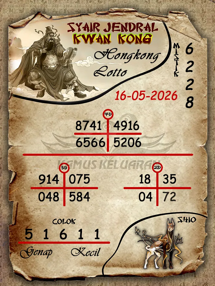Syair Jendral Kwan Kong Hongkong Lotto 16 05 2026