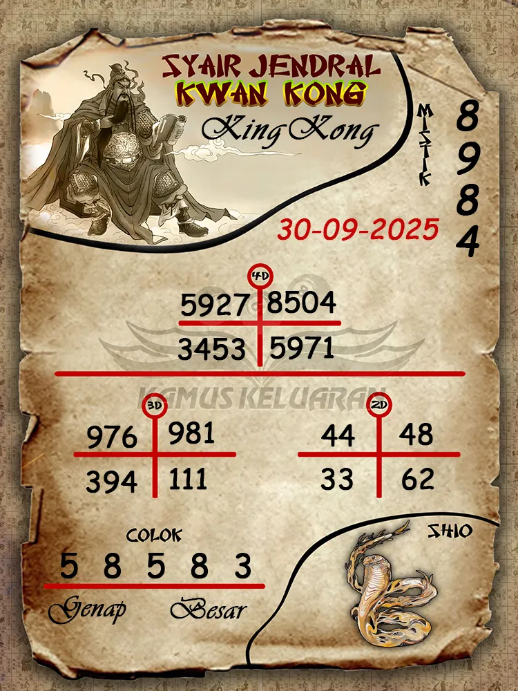 Syair jendral kwan kong KingKong 30 09 2025