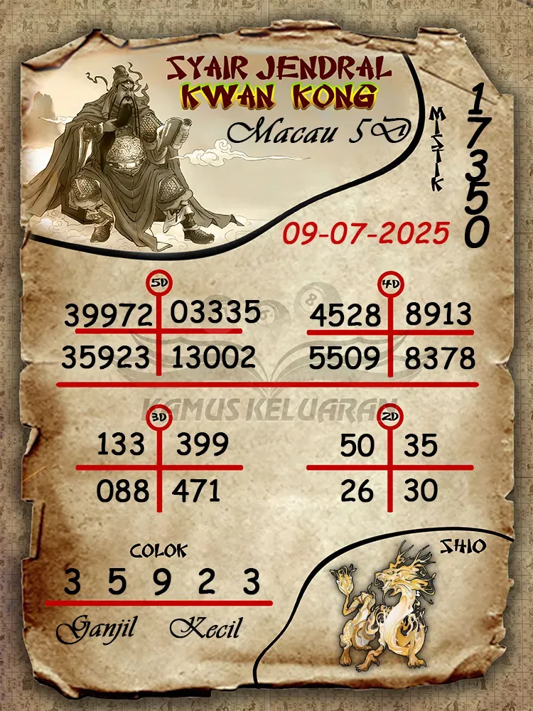 syair jendral kwan kong Toto Macau 5D 09 07 2025