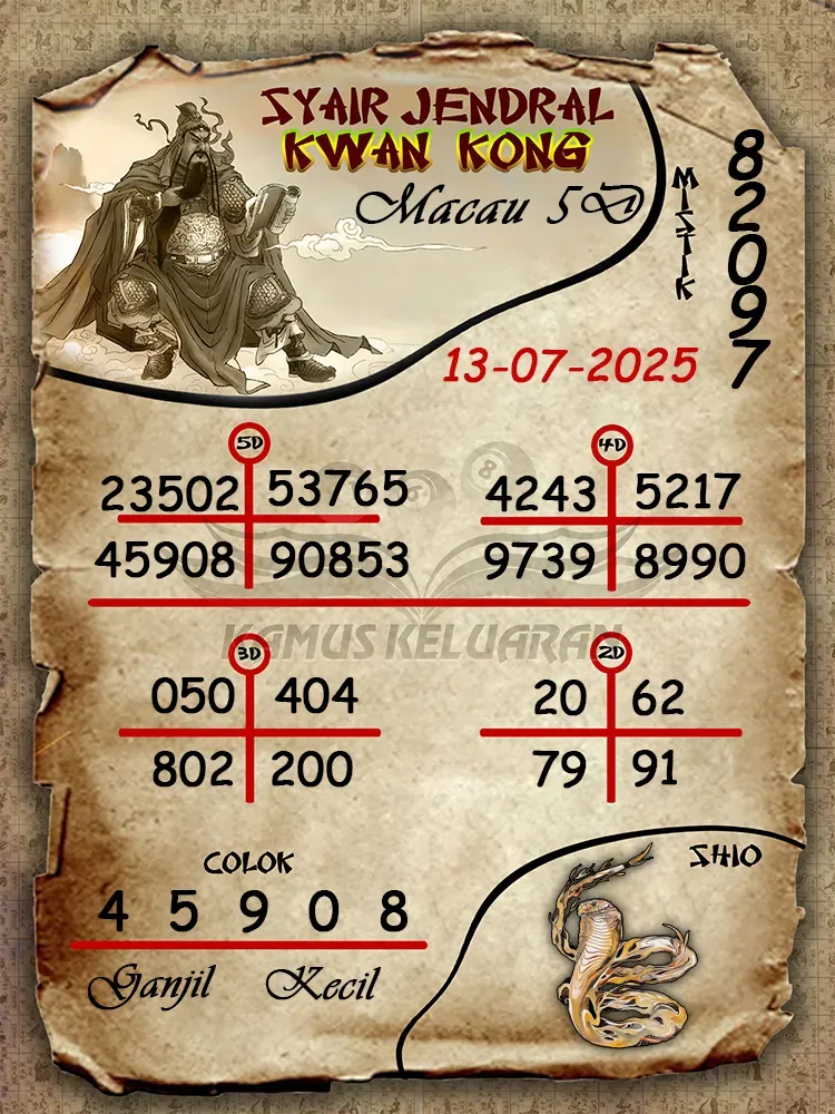 syair jendral kwan kong Toto Macau 5D 13 07 2025