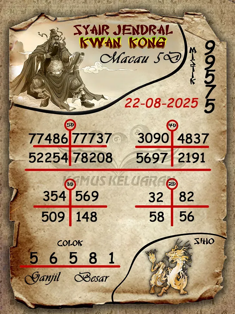 syair jendral kwan kong Toto Macau 5D 22 08 2025