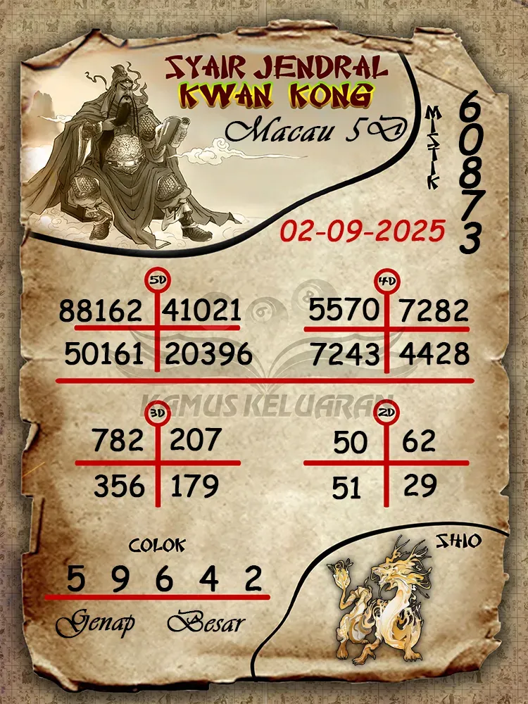 syair jendral kwan kong Toto Macau 5D 02 09 2025