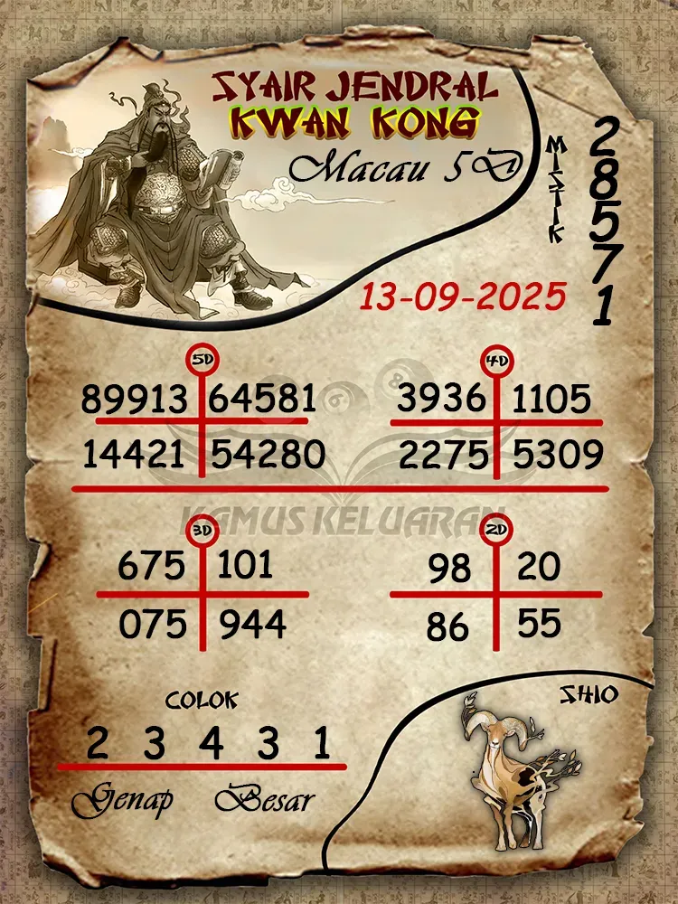 syair jendral kwan kong Toto Macau 5D 13 09 2025