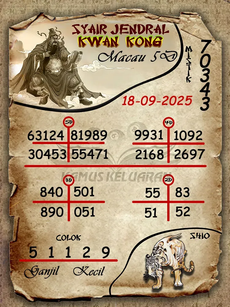 syair jendral kwan kong Toto Macau 5D 18 09 2025