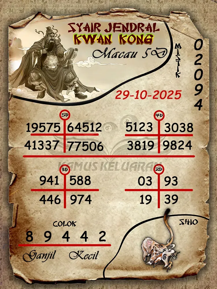 Syair Jendral Kwan Kong Toto Macau 5D 29 10 2025