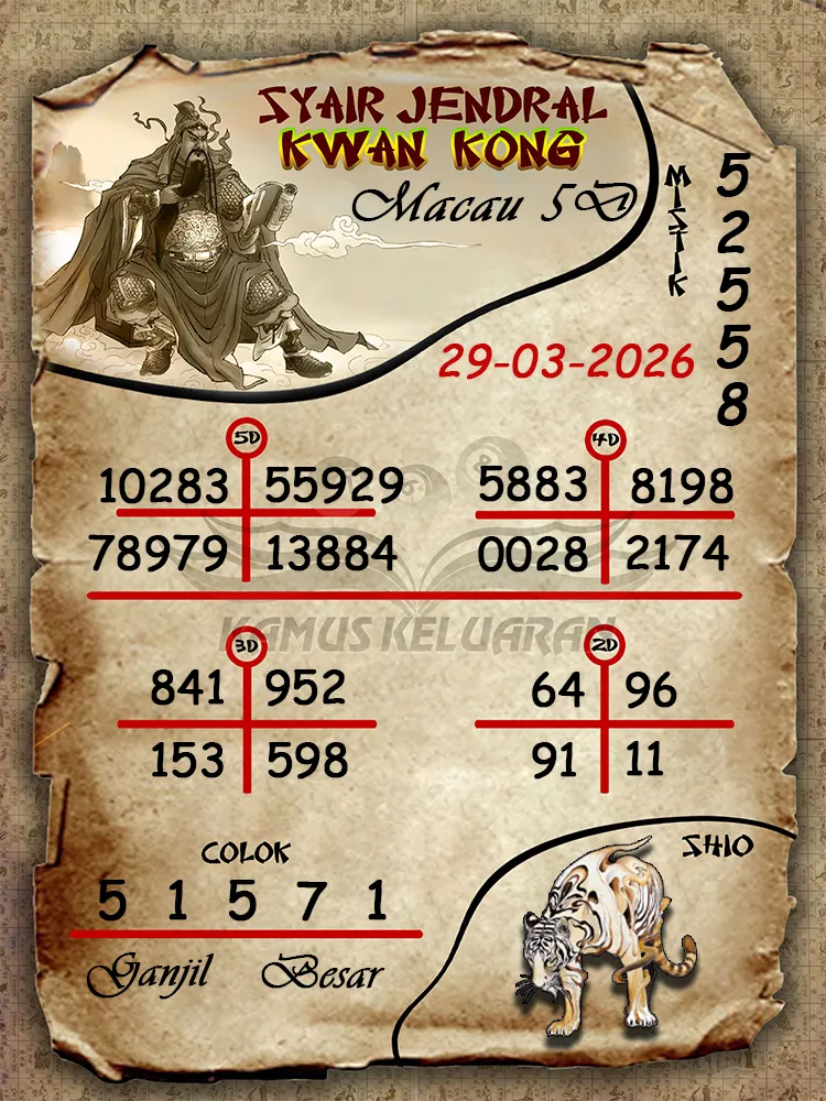 Syair Jendral Kwan Kong Toto Macau 5D 29 03 2026