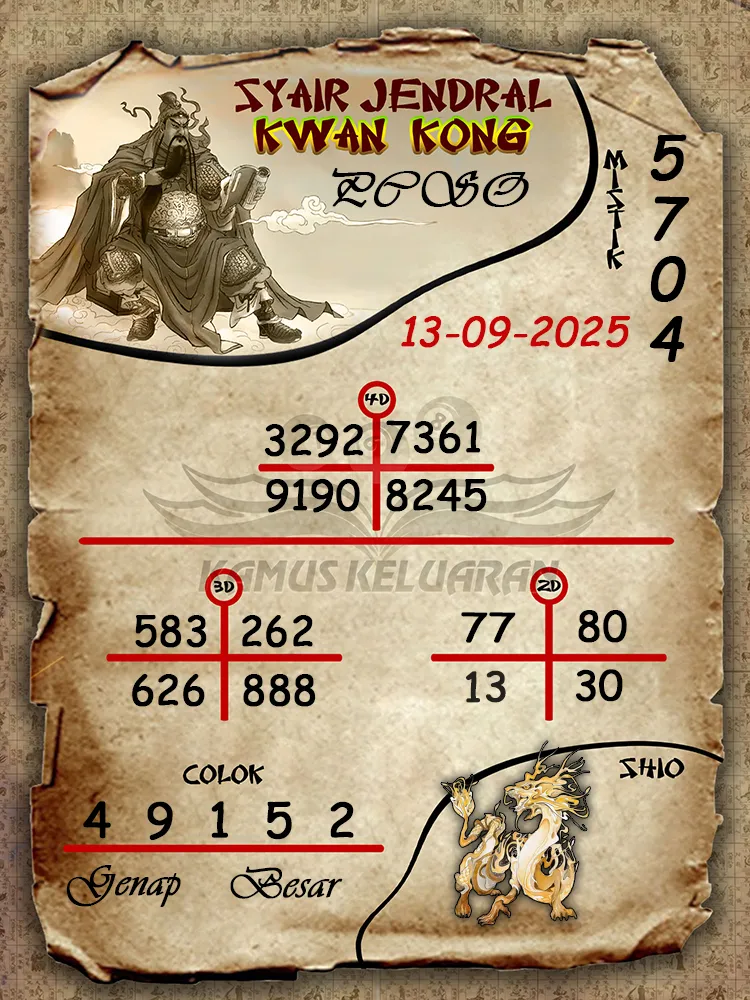 syair jendral kwan kong PCSO 13 09 2025