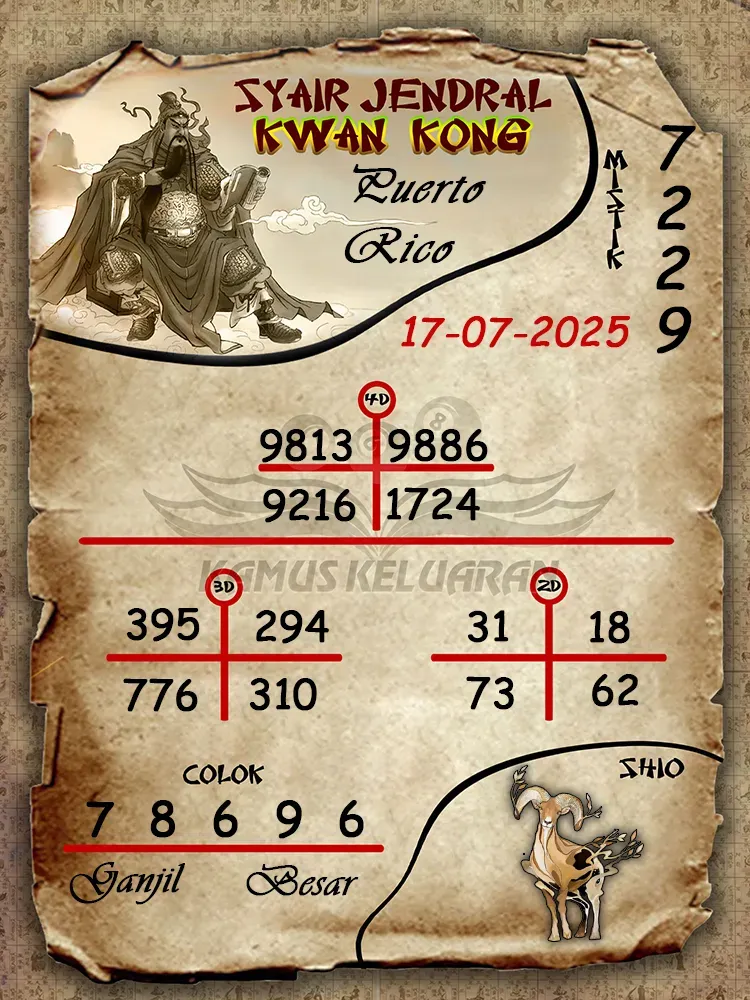 syair jendral kwan kong Puerto Rico 17 07 2025