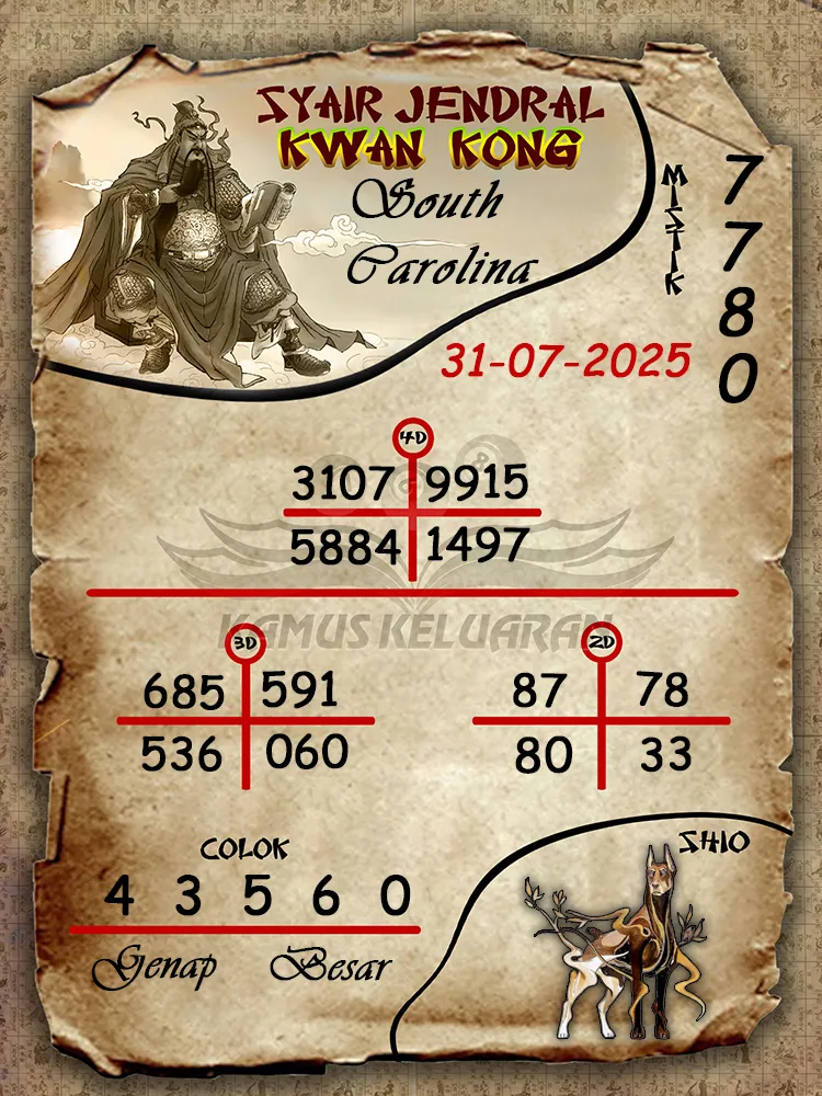 syair jendral kwan kong South Carolina 31 07 2025