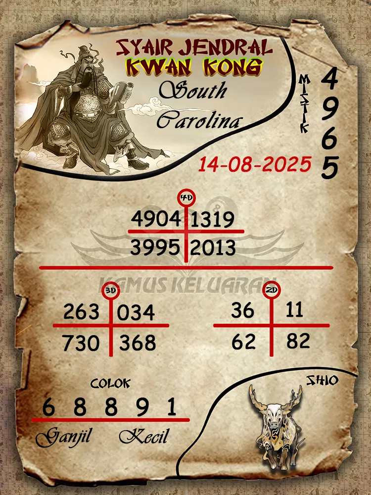 syair jendral kwan kong South Carolina 14 08 2025