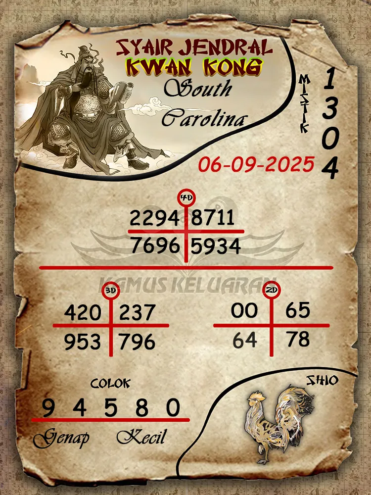 syair jendral kwan kong South Carolina 06 09 2025