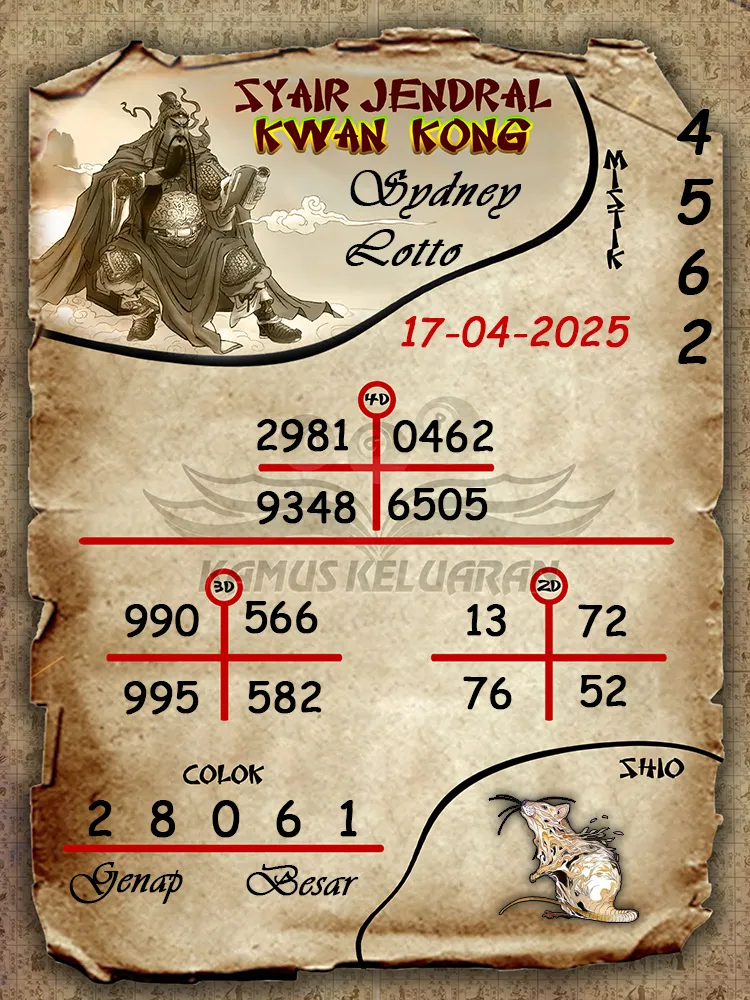 syair jendral kwan kong sydney lotto 17 04 2025