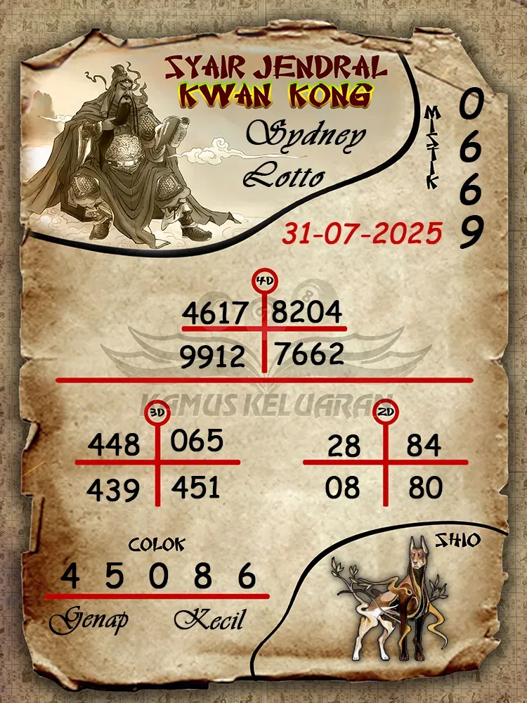 syair jendral kwan kong Sydney Lotto 31 07 2025