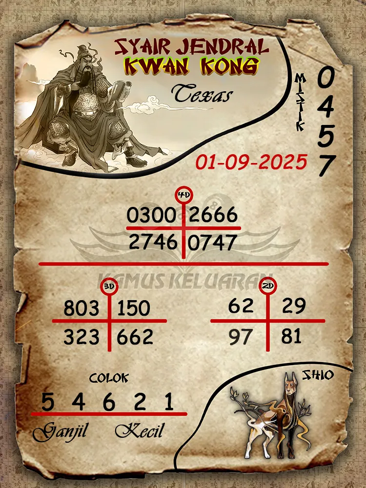 syair jendral kwan kong Texas 01 09 2025