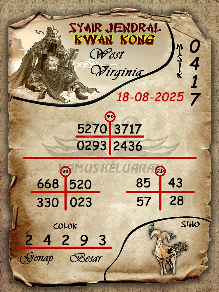 syair jendral kwan kong West Virginia 18 08 2025